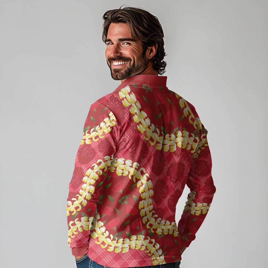 Red Palaka Hawaii Mele Kalikimaka Long Sleeve Polo Shirt Ohia Lehua Monstera Puakenikeni Lei - Polynesian Pride
