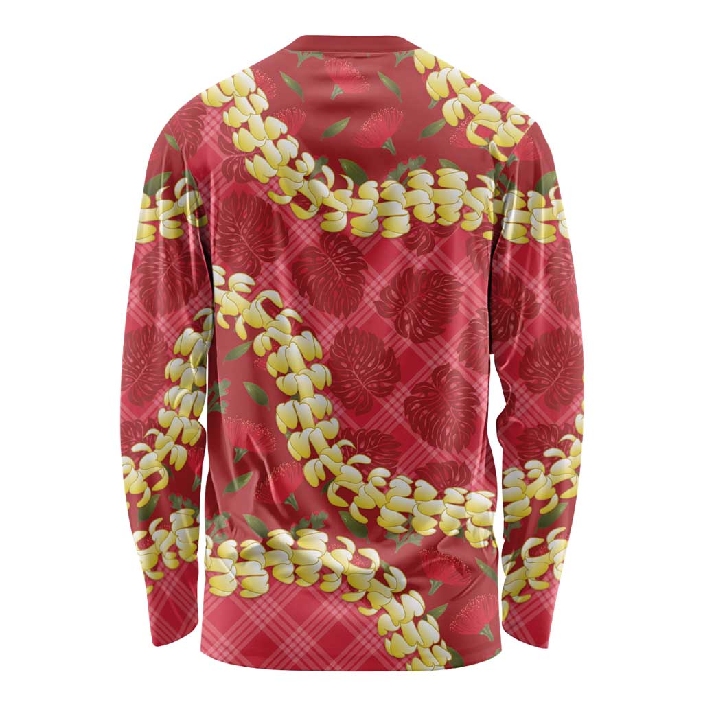 Red Palaka Hawaii Mele Kalikimaka Long Sleeve Shirt Ohia Lehua Monstera Puakenikeni Lei - Polynesian Pride