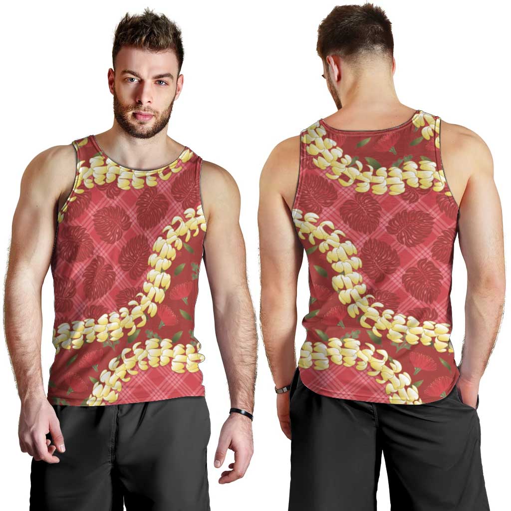 Red Palaka Hawaii Mele Kalikimaka Men Tank Top Ohia Lehua Monstera Puakenikeni Lei - Polynesian Pride