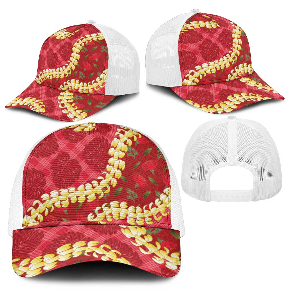 Red Palaka Hawaii Mele Kalikimaka Mesh Trucker Cap Ohia Lehua Monstera Puakenikeni Lei - Polynesian Pride