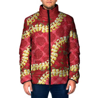 Red Palaka Hawaii Mele Kalikimaka Padded Jacket Ohia Lehua Monstera Puakenikeni Lei - Polynesian Pride