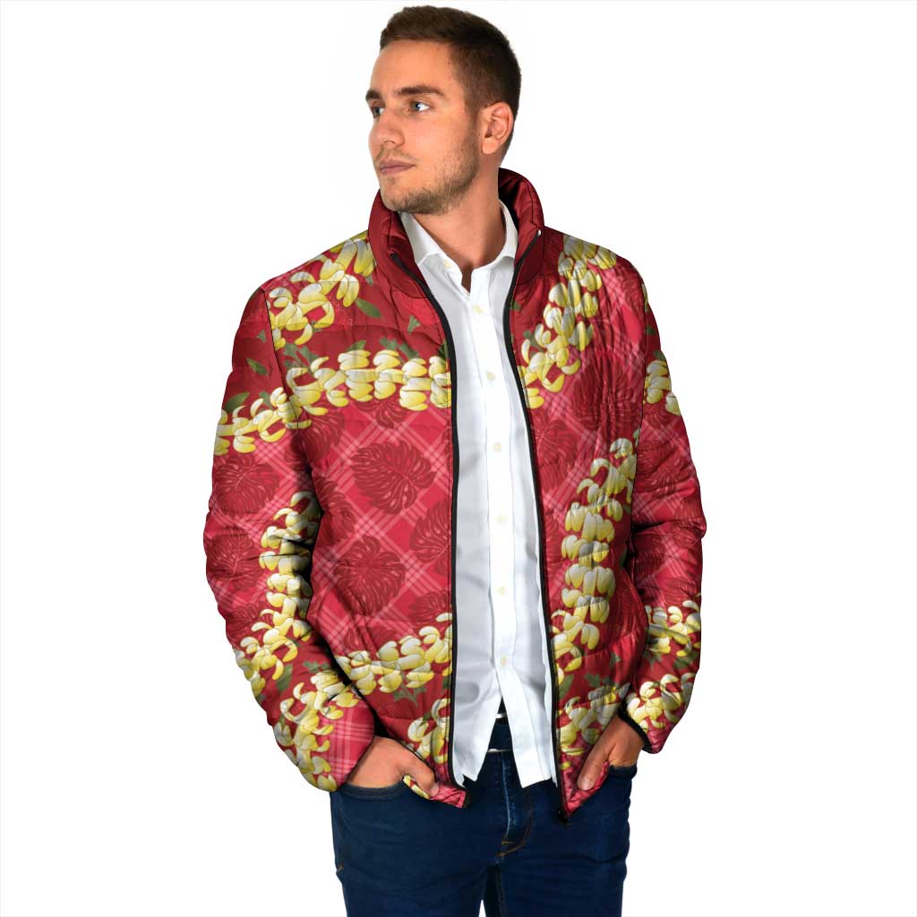 Red Palaka Hawaii Mele Kalikimaka Padded Jacket Ohia Lehua Monstera Puakenikeni Lei - Polynesian Pride