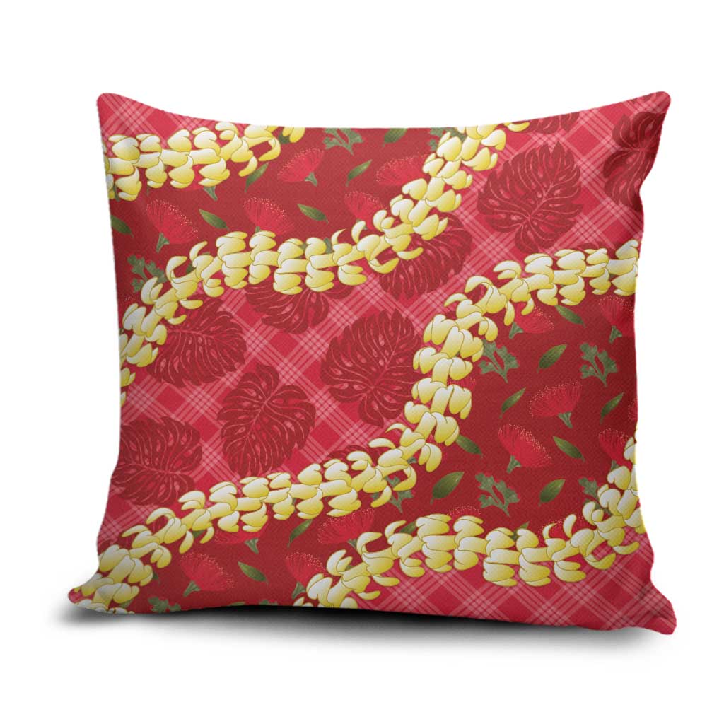Red Palaka Hawaii Mele Kalikimaka Pillow Cover Ohia Lehua Monstera Puakenikeni Lei - Polynesian Pride