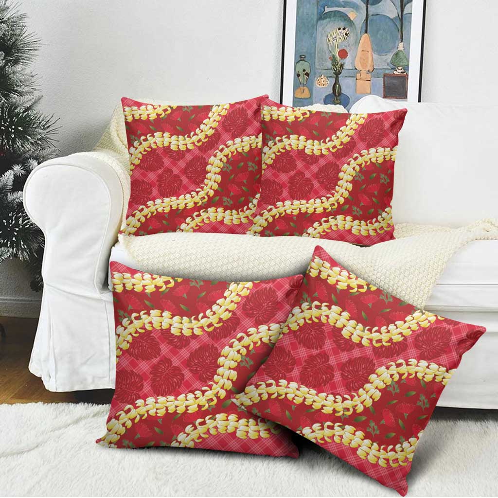 Red Palaka Hawaii Mele Kalikimaka Pillow Cover Ohia Lehua Monstera Puakenikeni Lei - Polynesian Pride