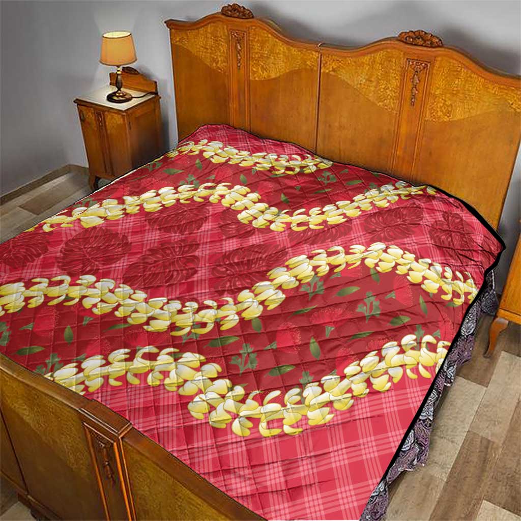 Red Palaka Hawaii Mele Kalikimaka Quilt Ohia Lehua Monstera Puakenikeni Lei - Polynesian Pride