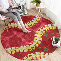 Red Palaka Hawaii Mele Kalikimaka Round Carpet Ohia Lehua Monstera Puakenikeni Lei - Polynesian Pride