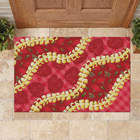 Red Palaka Hawaii Mele Kalikimaka Rubber Doormat Ohia Lehua Monstera Puakenikeni Lei - Polynesian Pride