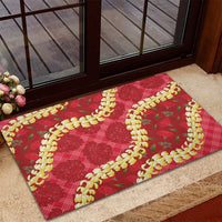 Red Palaka Hawaii Mele Kalikimaka Rubber Doormat Ohia Lehua Monstera Puakenikeni Lei - Polynesian Pride