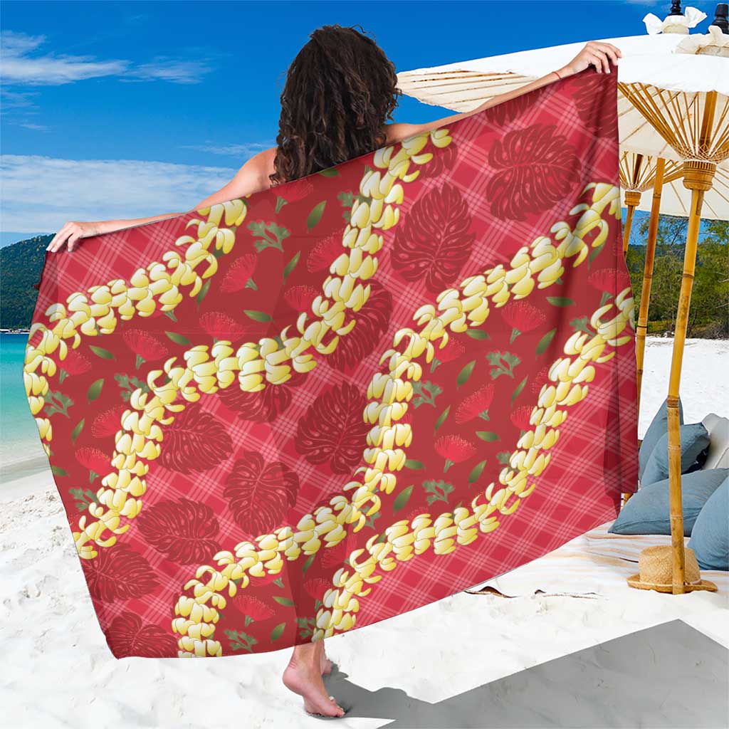 Red Palaka Hawaii Mele Kalikimaka Sarong Ohia Lehua Monstera Puakenikeni Lei - Polynesian Pride