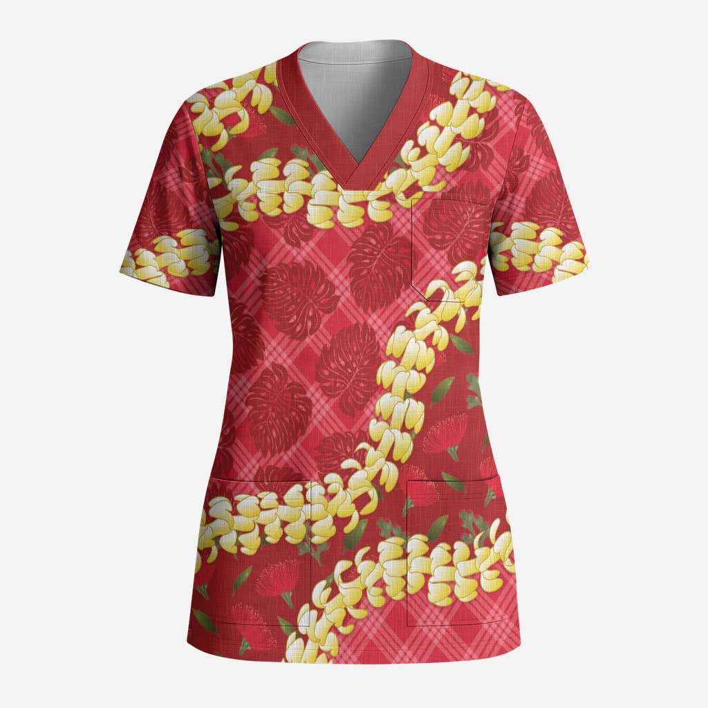 Red Palaka Hawaii Mele Kalikimaka Scrub Top Ohia Lehua Monstera Puakenikeni Lei - Polynesian Pride