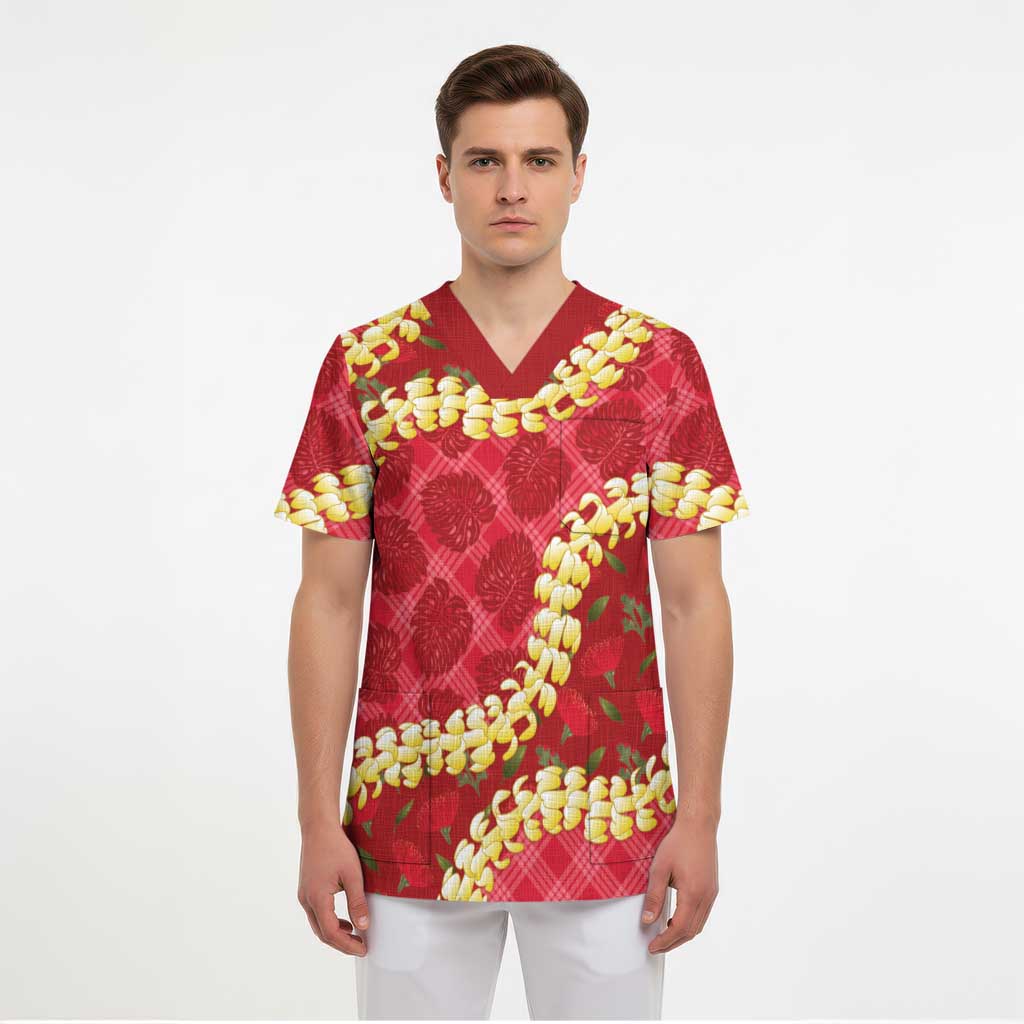 Red Palaka Hawaii Mele Kalikimaka Scrub Top Ohia Lehua Monstera Puakenikeni Lei - Polynesian Pride
