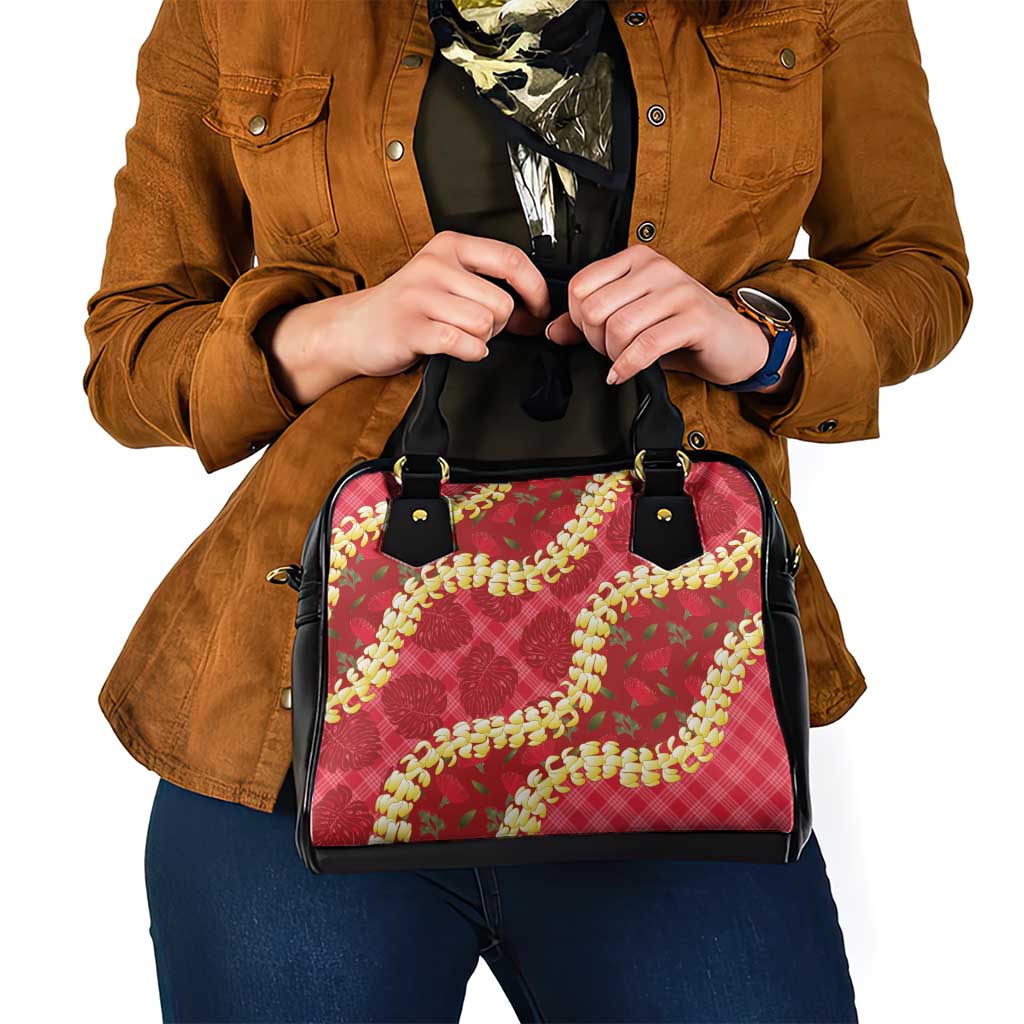 Red Palaka Hawaii Mele Kalikimaka Shoulder Handbag Ohia Lehua Monstera Puakenikeni Lei - Polynesian Pride