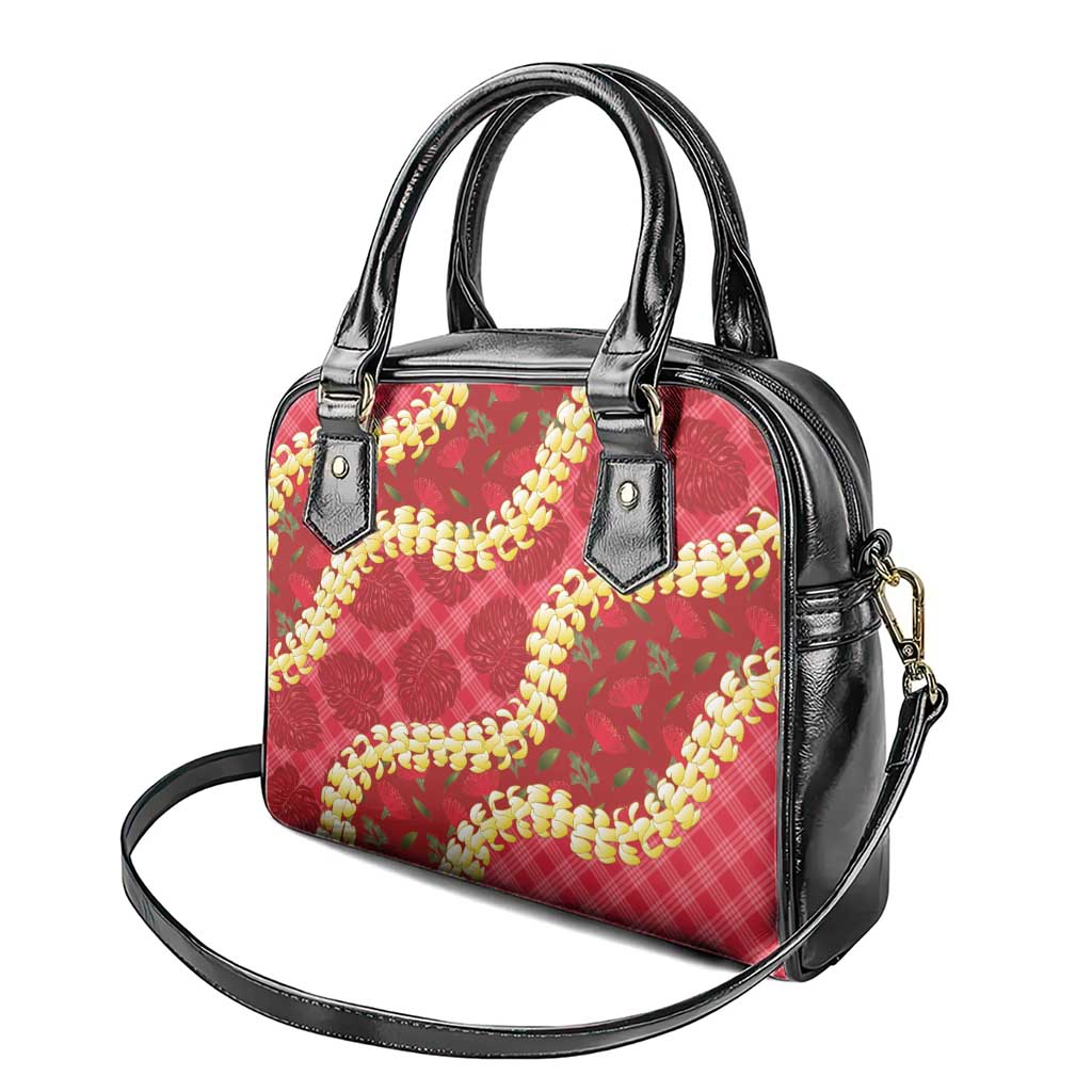 Red Palaka Hawaii Mele Kalikimaka Shoulder Handbag Ohia Lehua Monstera Puakenikeni Lei - Polynesian Pride