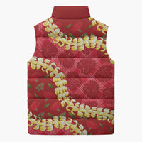Red Palaka Hawaii Mele Kalikimaka Sleeveless Puffer Jacket Ohia Lehua Monstera Puakenikeni Lei - Polynesian Pride