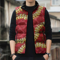 Red Palaka Hawaii Mele Kalikimaka Sleeveless Puffer Jacket Ohia Lehua Monstera Puakenikeni Lei - Polynesian Pride