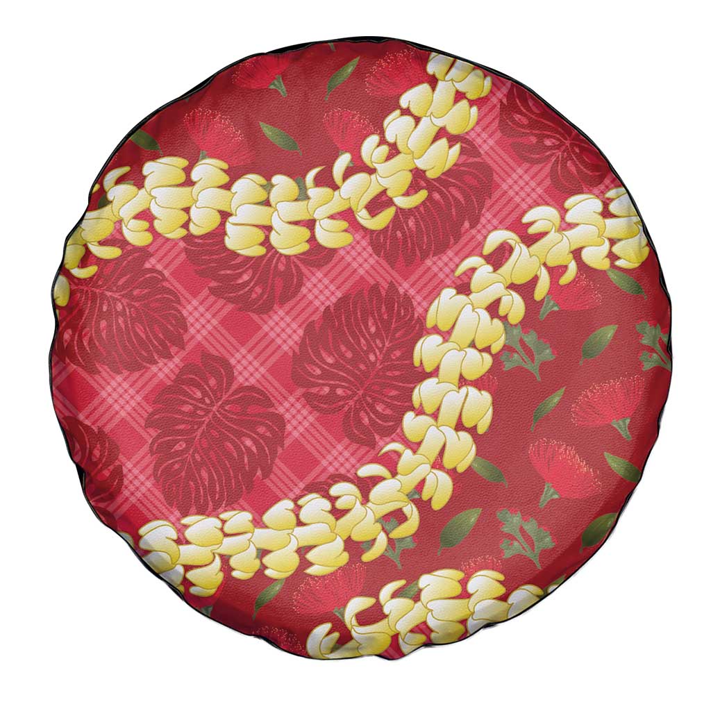 Red Palaka Hawaii Mele Kalikimaka Spare Tire Cover Ohia Lehua Monstera Puakenikeni Lei - Polynesian Pride