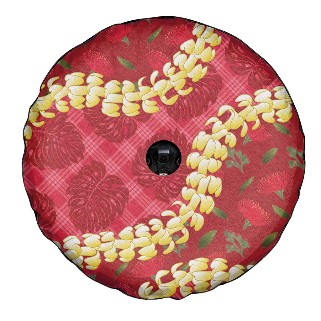 Red Palaka Hawaii Mele Kalikimaka Spare Tire Cover Ohia Lehua Monstera Puakenikeni Lei - Polynesian Pride