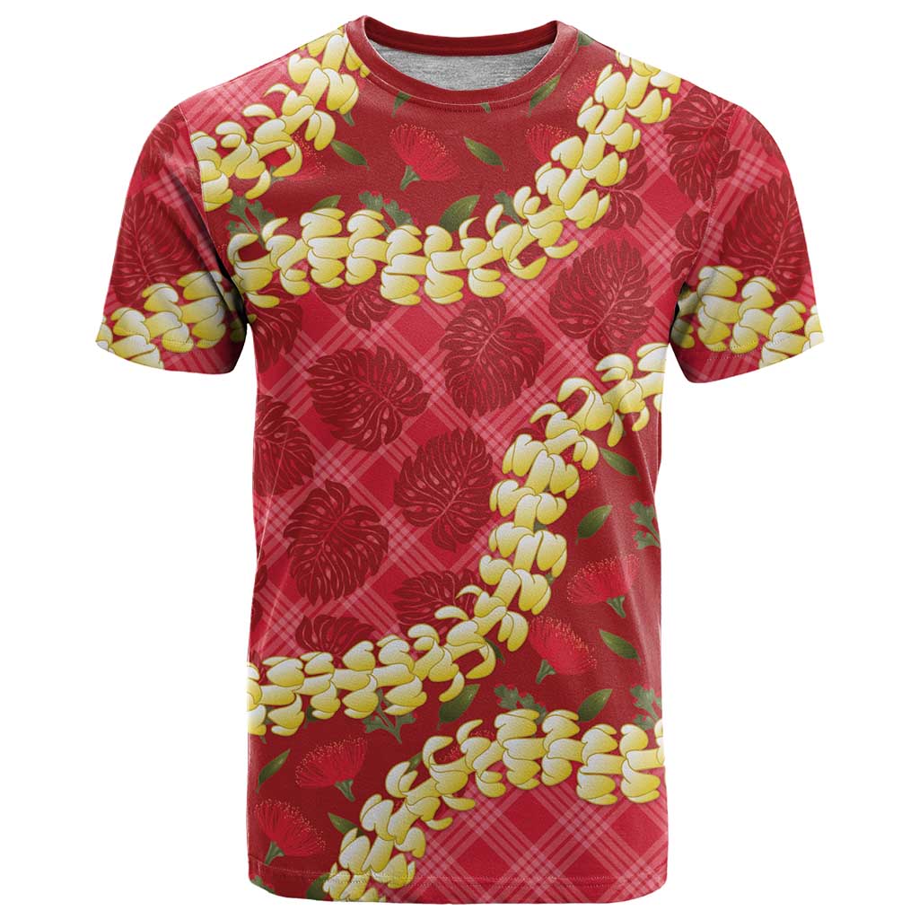 Red Palaka Hawaii Mele Kalikimaka T Shirt Ohia Lehua Monstera Puakenikeni Lei - Polynesian Pride