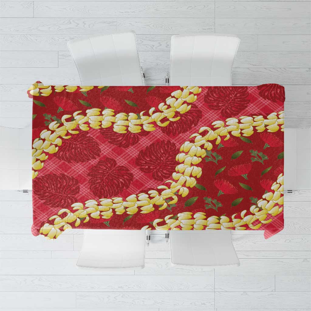Red Palaka Hawaii Mele Kalikimaka Tablecloth Ohia Lehua Monstera Puakenikeni Lei - Polynesian Pride