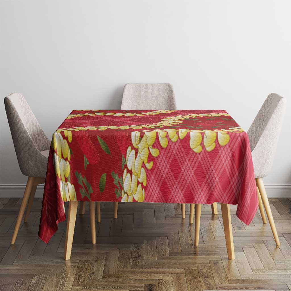 Red Palaka Hawaii Mele Kalikimaka Tablecloth Ohia Lehua Monstera Puakenikeni Lei - Polynesian Pride