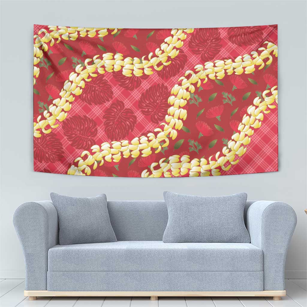 Red Palaka Hawaii Mele Kalikimaka Tapestry Ohia Lehua Monstera Puakenikeni Lei - Polynesian Pride