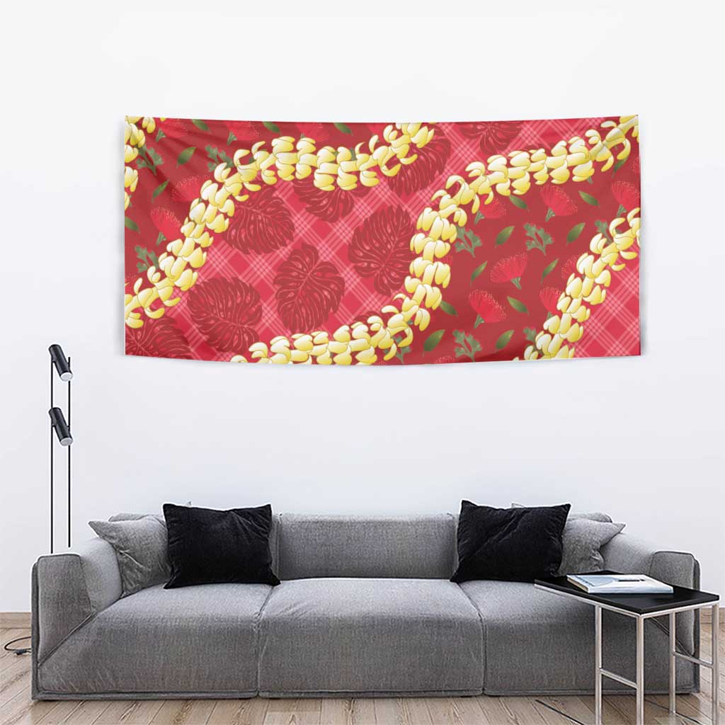 Red Palaka Hawaii Mele Kalikimaka Tapestry Ohia Lehua Monstera Puakenikeni Lei - Polynesian Pride