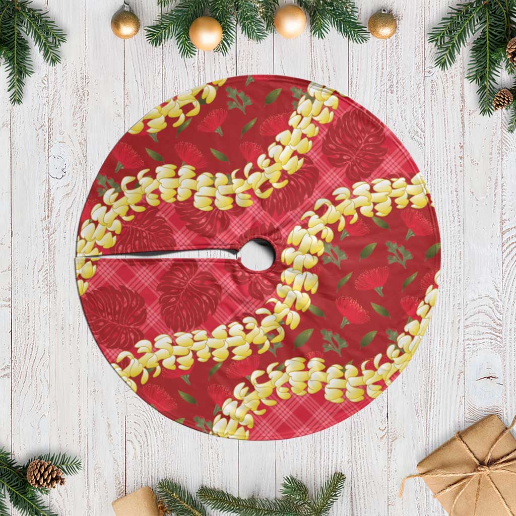 Red Palaka Hawaii Mele Kalikimaka Tree Skirt Ohia Lehua Monstera Puakenikeni Lei - Polynesian Pride