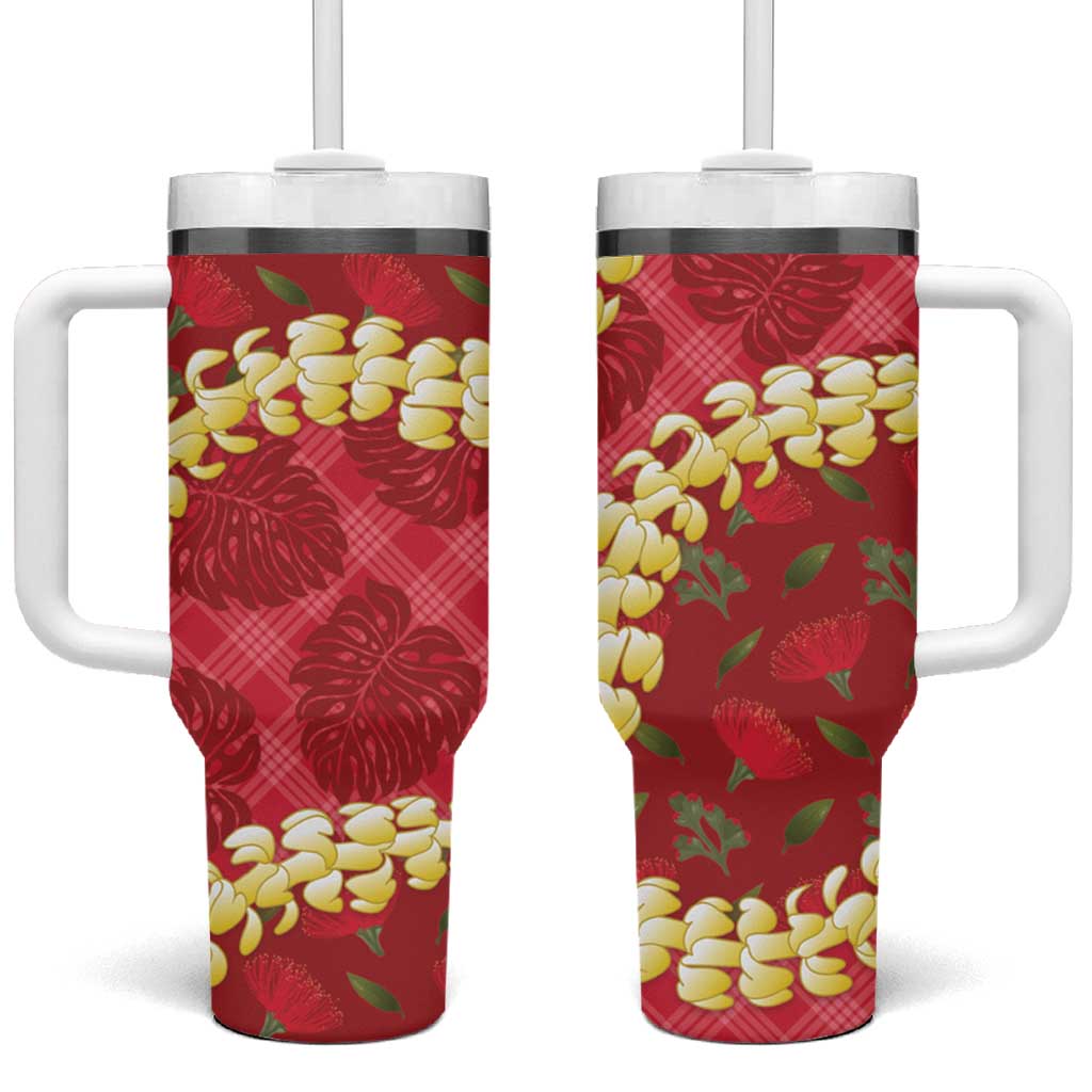 Red Palaka Hawaii Mele Kalikimaka Tumbler With Handle Ohia Lehua Monstera Puakenikeni Lei - Polynesian Pride