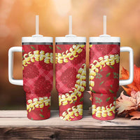 Red Palaka Hawaii Mele Kalikimaka Tumbler With Handle Ohia Lehua Monstera Puakenikeni Lei - Polynesian Pride
