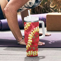 Red Palaka Hawaii Mele Kalikimaka Tumbler With Handle Ohia Lehua Monstera Puakenikeni Lei - Polynesian Pride