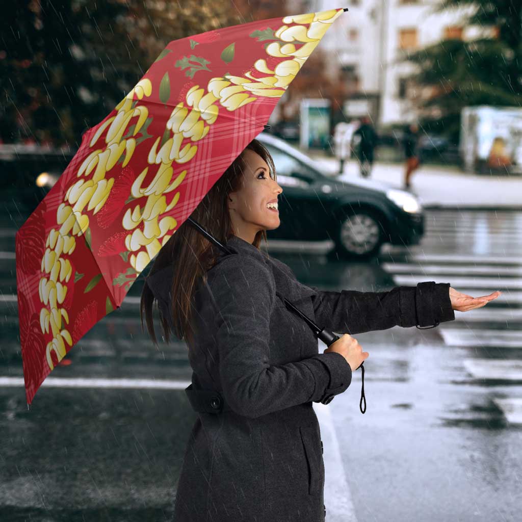 Red Palaka Hawaii Mele Kalikimaka Umbrella Ohia Lehua Monstera Puakenikeni Lei - Polynesian Pride