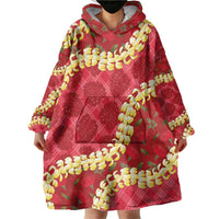 Red Palaka Hawaii Mele Kalikimaka Wearable Blanket Hoodie Ohia Lehua Monstera Puakenikeni Lei - Polynesian Pride