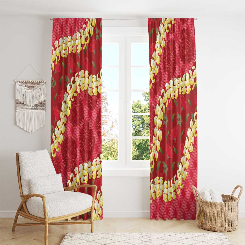 Red Palaka Hawaii Mele Kalikimaka Window Curtain Ohia Lehua Monstera Puakenikeni Lei - Polynesian Pride