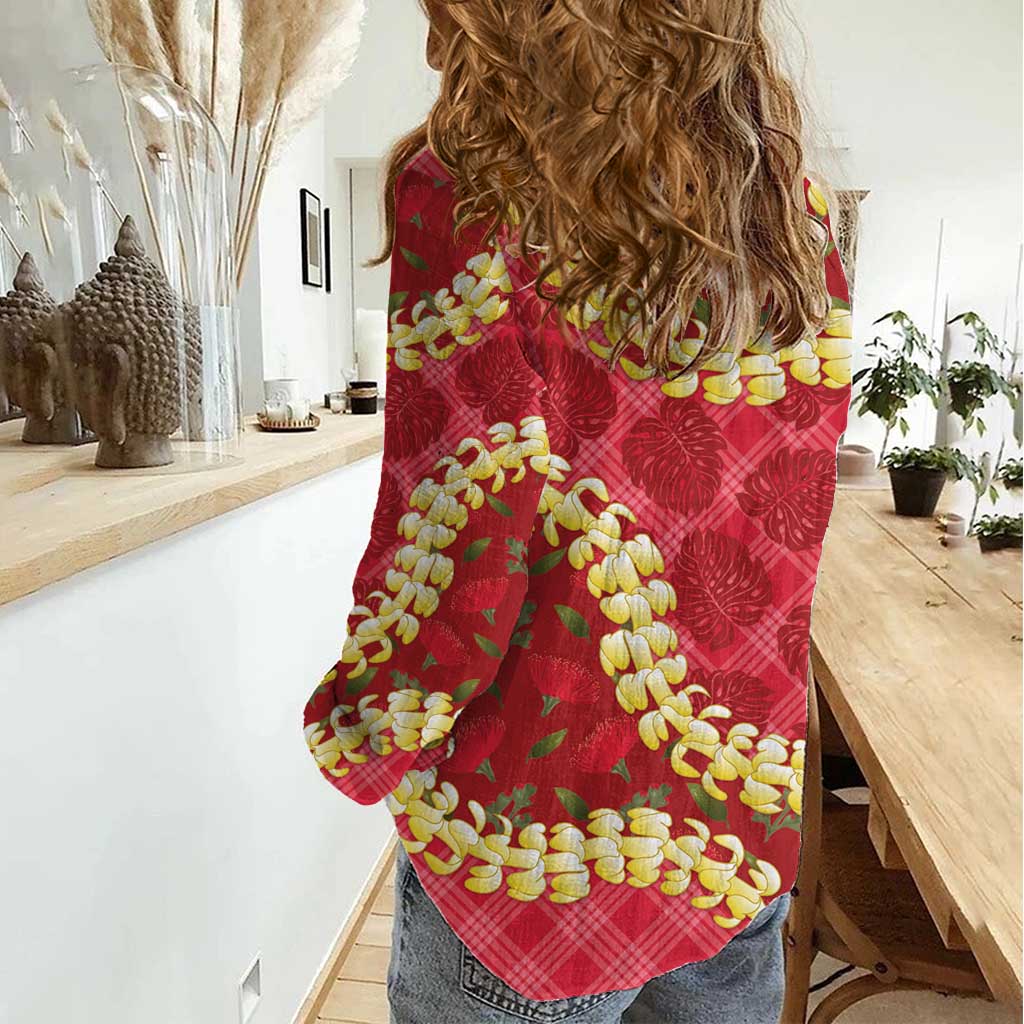 Red Palaka Hawaii Mele Kalikimaka Women Casual Shirt Ohia Lehua Monstera Puakenikeni Lei - Polynesian Pride