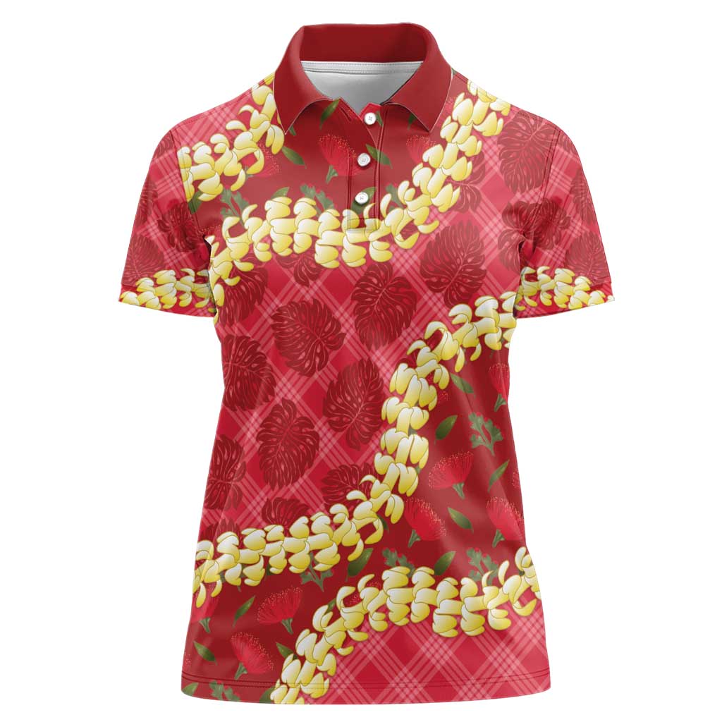 Red Palaka Hawaii Mele Kalikimaka Women Polo Shirt Ohia Lehua Monstera Puakenikeni Lei - Polynesian Pride
