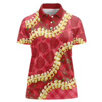 Red Palaka Hawaii Mele Kalikimaka Women Polo Shirt Ohia Lehua Monstera Puakenikeni Lei - Polynesian Pride