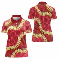 Red Palaka Hawaii Mele Kalikimaka Women Polo Shirt Ohia Lehua Monstera Puakenikeni Lei - Polynesian Pride