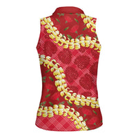 Red Palaka Hawaii Mele Kalikimaka Women Sleeveless Polo Shirt Ohia Lehua Monstera Puakenikeni Lei - Polynesian Pride