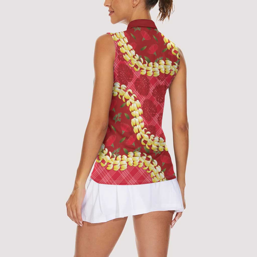 Red Palaka Hawaii Mele Kalikimaka Women Sleeveless Polo Shirt Ohia Lehua Monstera Puakenikeni Lei - Polynesian Pride