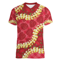 Red Palaka Hawaii Mele Kalikimaka Women V-Neck T-Shirt Ohia Lehua Monstera Puakenikeni Lei - Polynesian Pride