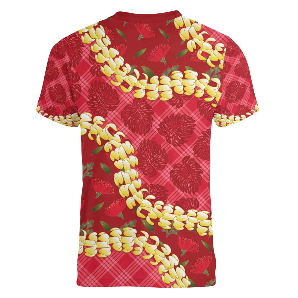 Red Palaka Hawaii Mele Kalikimaka Women V-Neck T-Shirt Ohia Lehua Monstera Puakenikeni Lei - Polynesian Pride
