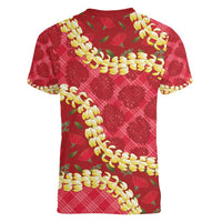 Red Palaka Hawaii Mele Kalikimaka Women V-Neck T-Shirt Ohia Lehua Monstera Puakenikeni Lei - Polynesian Pride