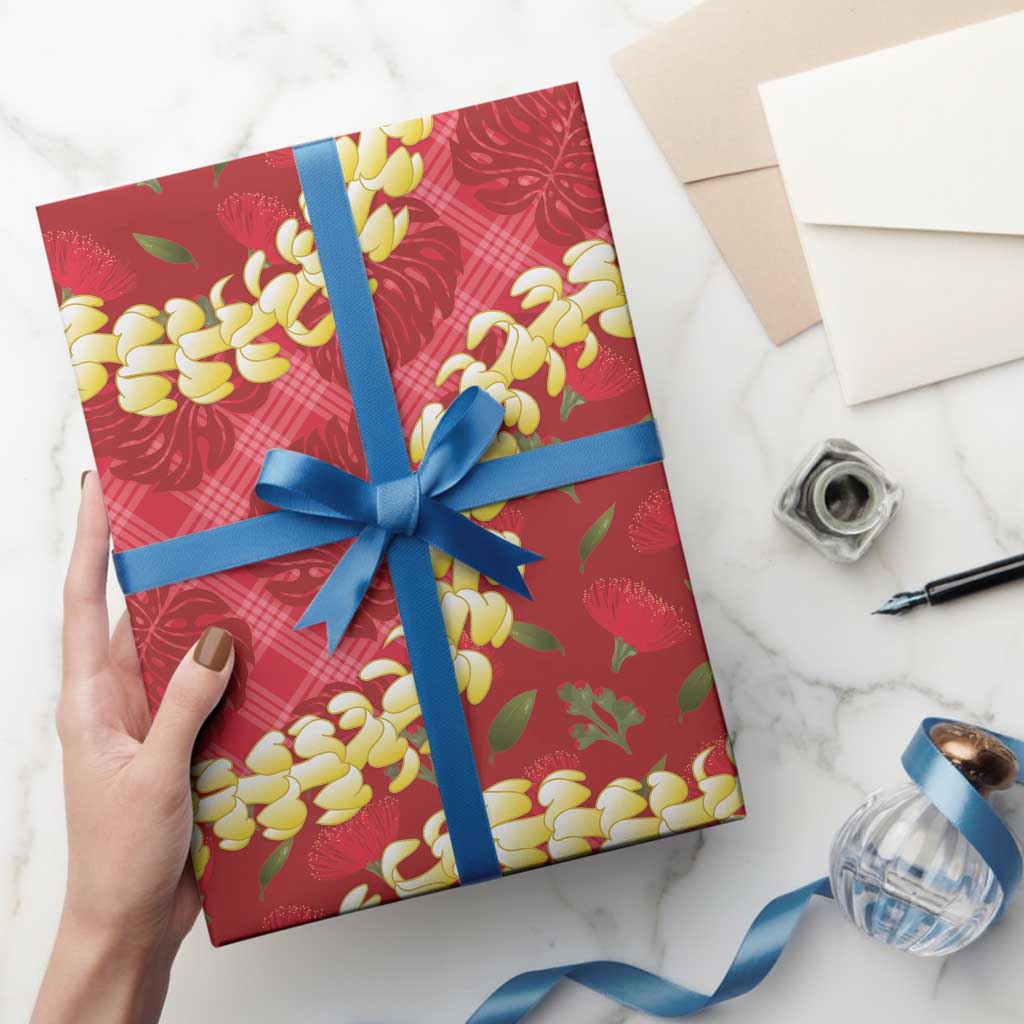 Red Palaka Hawaii Mele Kalikimaka Wrapping Paper Ohia Lehua Monstera Puakenikeni Lei - Polynesian Pride