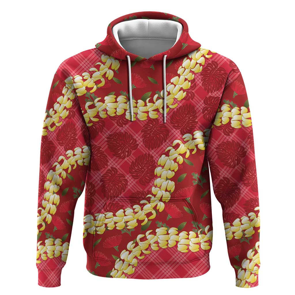 Red Palaka Hawaii Mele Kalikimaka Zip Hoodie Ohia Lehua Monstera Puakenikeni Lei - Polynesian Pride