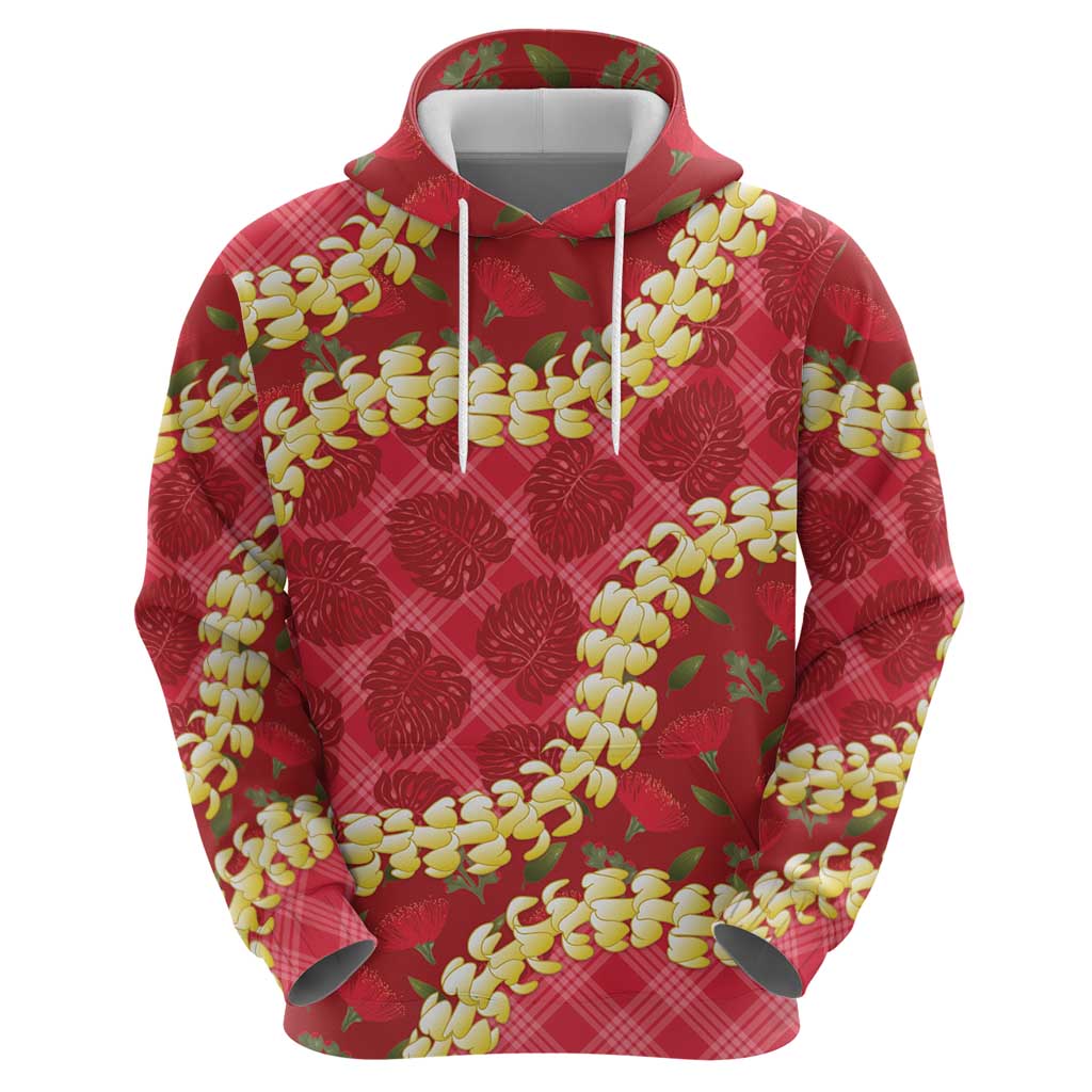Red Palaka Hawaii Mele Kalikimaka Zip Hoodie Ohia Lehua Monstera Puakenikeni Lei - Polynesian Pride