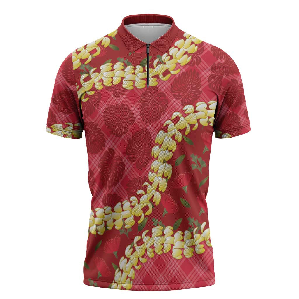 Red Palaka Hawaii Mele Kalikimaka Zipper Polo Shirt Ohia Lehua Monstera Puakenikeni Lei - Polynesian Pride