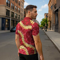 Red Palaka Hawaii Mele Kalikimaka Zipper Polo Shirt Ohia Lehua Monstera Puakenikeni Lei - Polynesian Pride