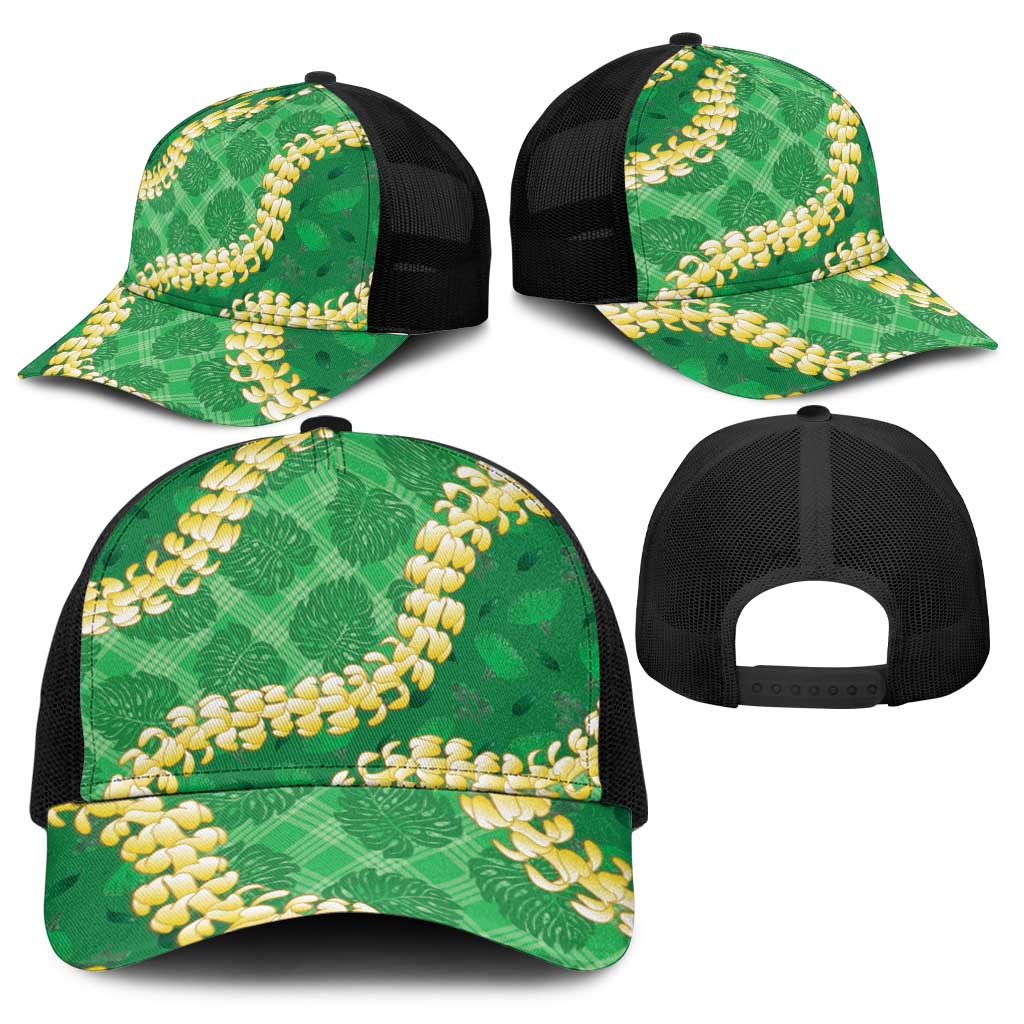 Green Palaka Hawaii Mele Kalikimaka Baseball Net Cap Ohia Lehua Monstera Puakenikeni Lei - Polynesian Pride
