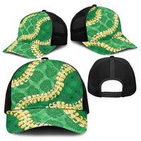 Green Palaka Hawaii Mele Kalikimaka Baseball Net Cap Ohia Lehua Monstera Puakenikeni Lei - Polynesian Pride