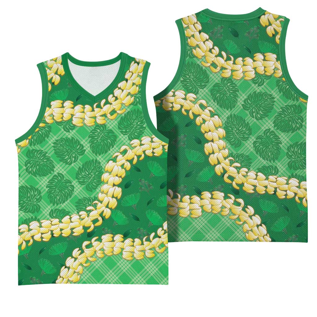Green Palaka Hawaii Mele Kalikimaka Basketball Jersey Ohia Lehua Monstera Puakenikeni Lei - Polynesian Pride